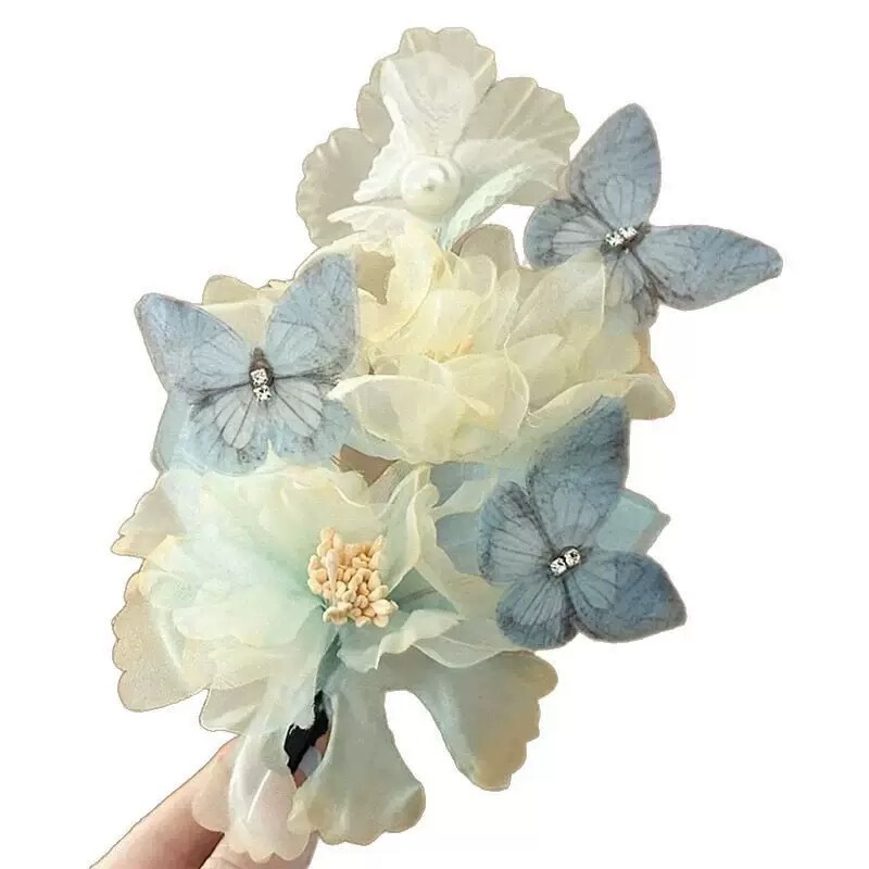 牡丹手工烫花发夹蝴蝶薄纱仙气绢花古风汉服发饰侧边花朵国风头饰|undefined