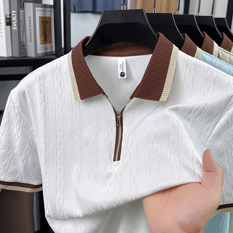 [911 #] nuevo color de verano de manga corta de media manga ligera Jacquard cremallera camiseta de hombre polo