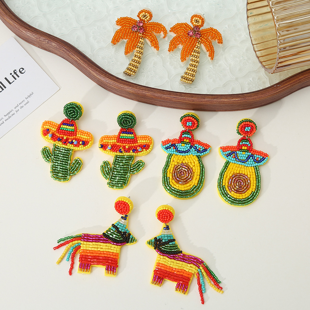 Mexican Style Seed Bead Cactus Stud Earrings Handmade Jewellery_voghion.com