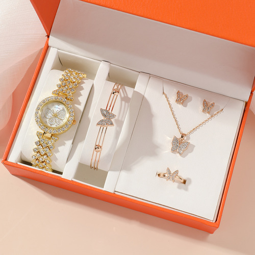 New product dropshipping trendy butterfly ladies full diamond watch set 5pcs/set