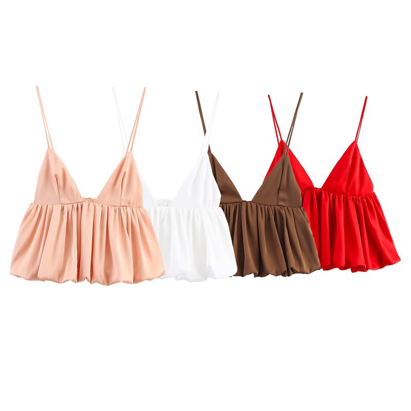 Cross-border wholesale 2025 European and American style summer French silk satin texture puffy camisole top women's B481955 Cross-border wholesale 2025 European and American style summer French silk satin texture puffy camisole top women's B481955