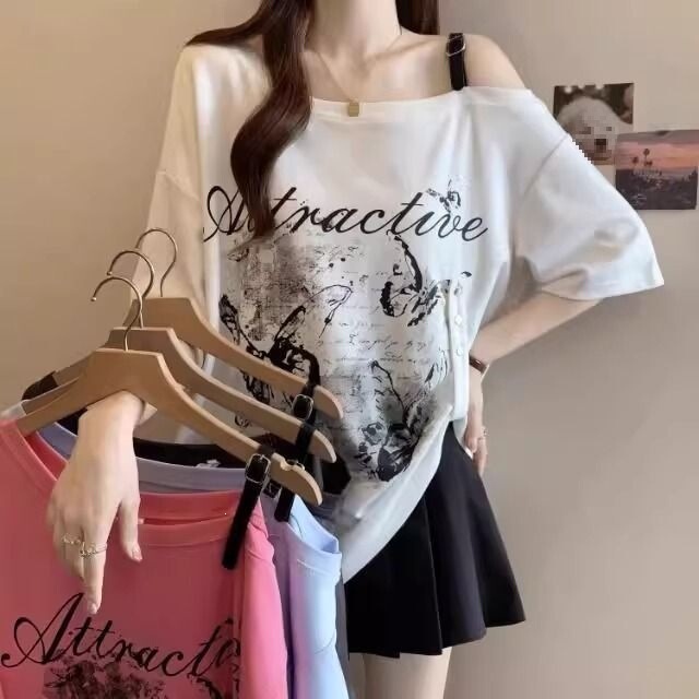 Plus-Size Irregular Off-Shoulder Maternity T-Shirt for Women, Summer New Style, Loose Fit, Slimming, Covers the Body, Outerwear Top Plus-Size Irregular Off-Shoulder Maternity T-Shirt for Women, Summer New Style, Loose Fit, Slimming, Covers the Body, Outerwear Top