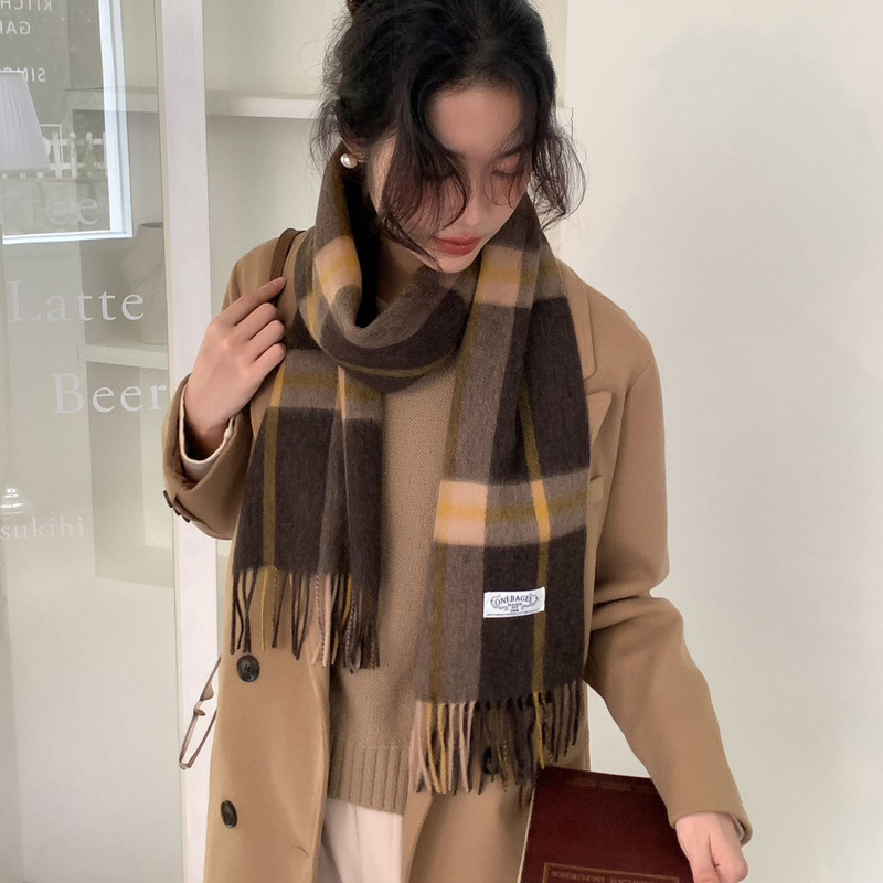 韓国系クラシック100% オーストラリアウール格子マフラー2024男女共通カップルモデル秋冬保温マフラー|undefined