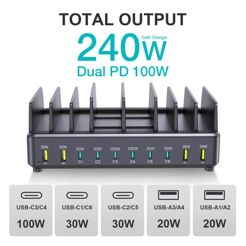 Multi-Port Desktop Charger 240W Charging Station Pd Fast Charging Multi-Port USB Tablet Charging Stand Flash Charging