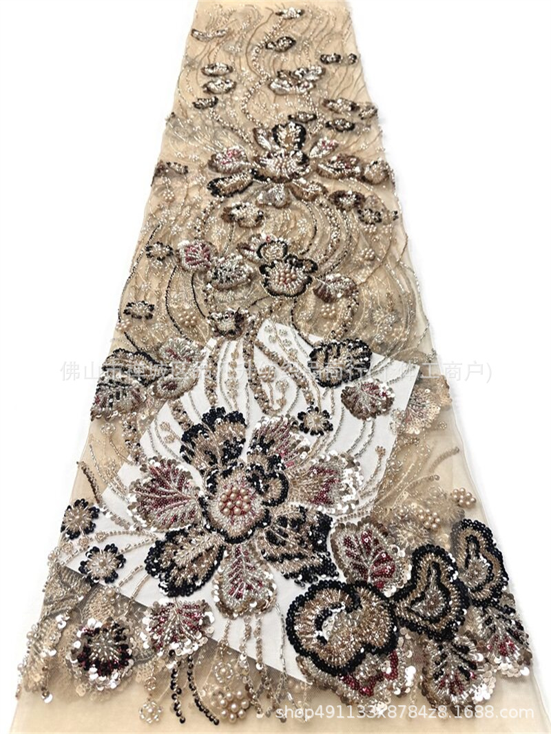 Flores tela de malla de cuentas de clavos de fabricación pesada sequinilla perla bordada cola de pescado cena brindis vestido de boda tela