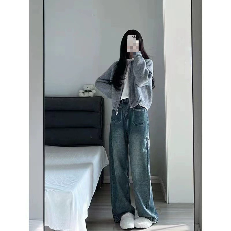 Короткий осенний свитер, жакет, кардиган на молнии, knitted с длинным рукавом, oversize, увеличенная толщина