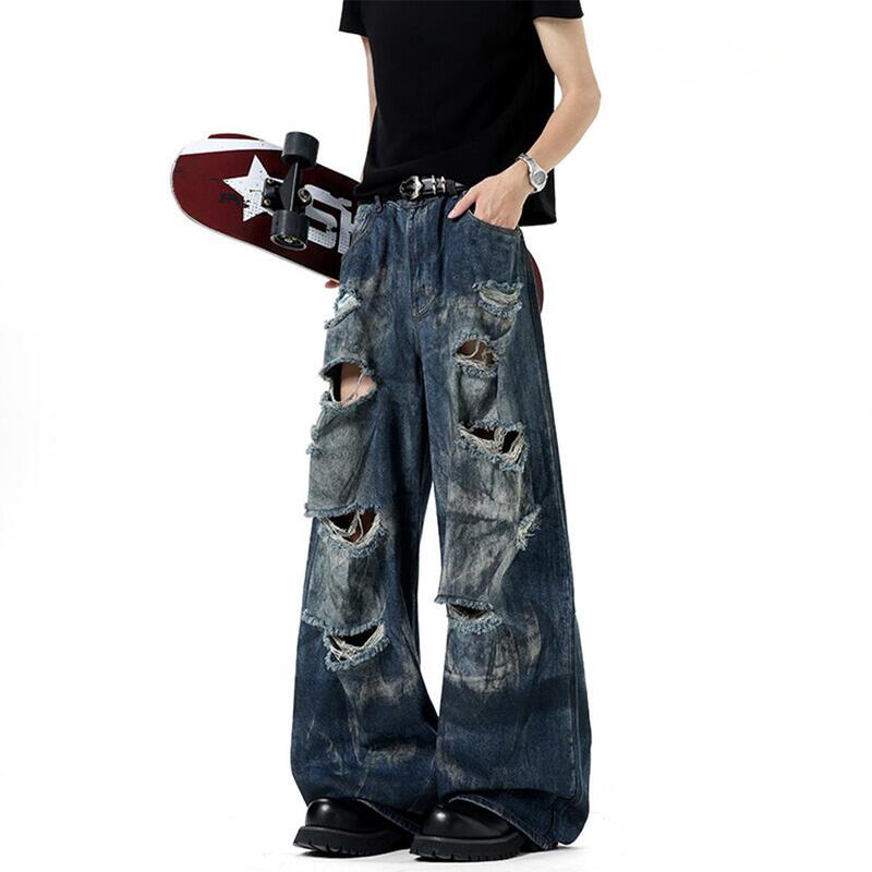 Dirty Dyed Ripped Jeans Men's Straight Loose Wide-Leg American High Street Pants Trendy Brand Handsome Beggar Design Trousers