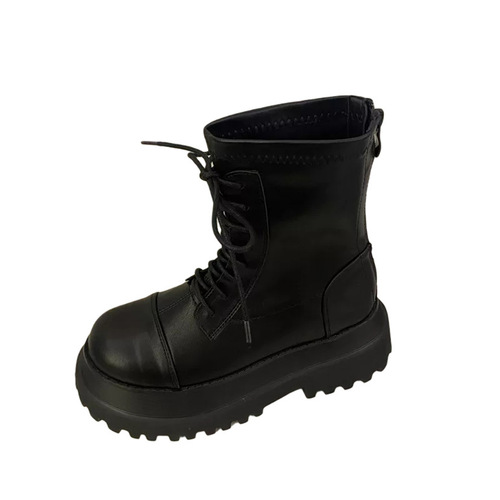 Women's Thick-Heeled Martin Boots  New Model Rear Zip Thin Round-Toe Motorcycle Boots Soft Leather Lace-Up Fashion Influencer Short Boots