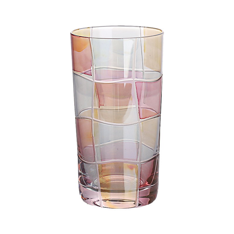 Lu Jingcai color Plaid vidrio taza de agua de alto aspecto creativo whisky vino vaso taza de jugo flor taza de té al por mayor