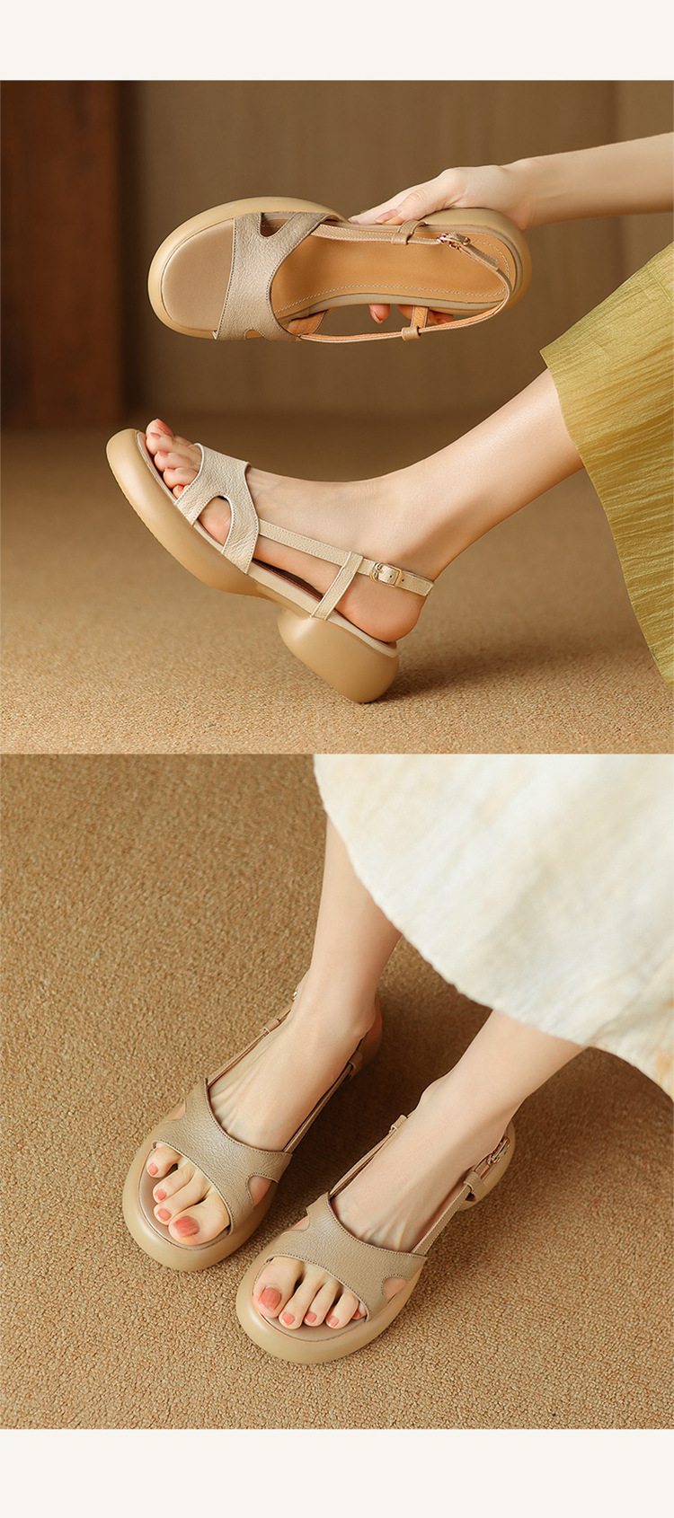 Sandal nữ da cừu hở ngón gót thô quai ngang đế dày phong cách La Mã — Màu trắng be chi tiết 8