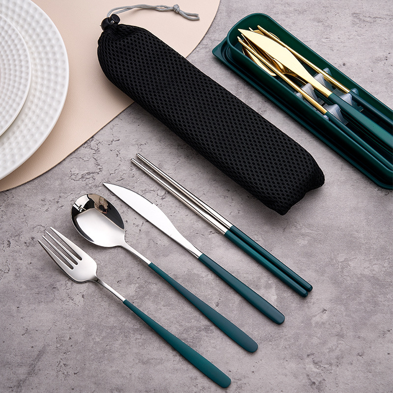304 Stainless Steel Color-Plated Portable Tableware Korean Knife, Fork, Spoon and Chopsticks Set Student Outdoor Tableware with Customizable Logo