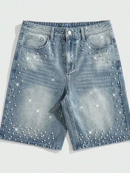 2026 Summer Men's Loose Straight-Leg Five-Point Pants with Heavy Rhinestone and Pearl Embellishments, Denim Shorts, Cross-Border American Style