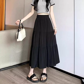 黑色伞裙半身裙女小个子夏季2025新款垂坠感中长裙高腰白色a字裙