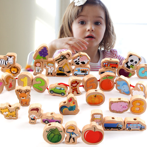 Baby beaded children's early education educational beaded threading beads large particle solid wood building blocks toddlers 1-3 years old toys