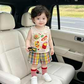 男宝宝洋气汉堡分体套装夏季装婴幼儿衣服背心格子裤两件套小月龄