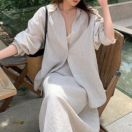 休闲套装女年简约翻领宽松长袖衬衫秋季百搭半身长裙两件套|undefined