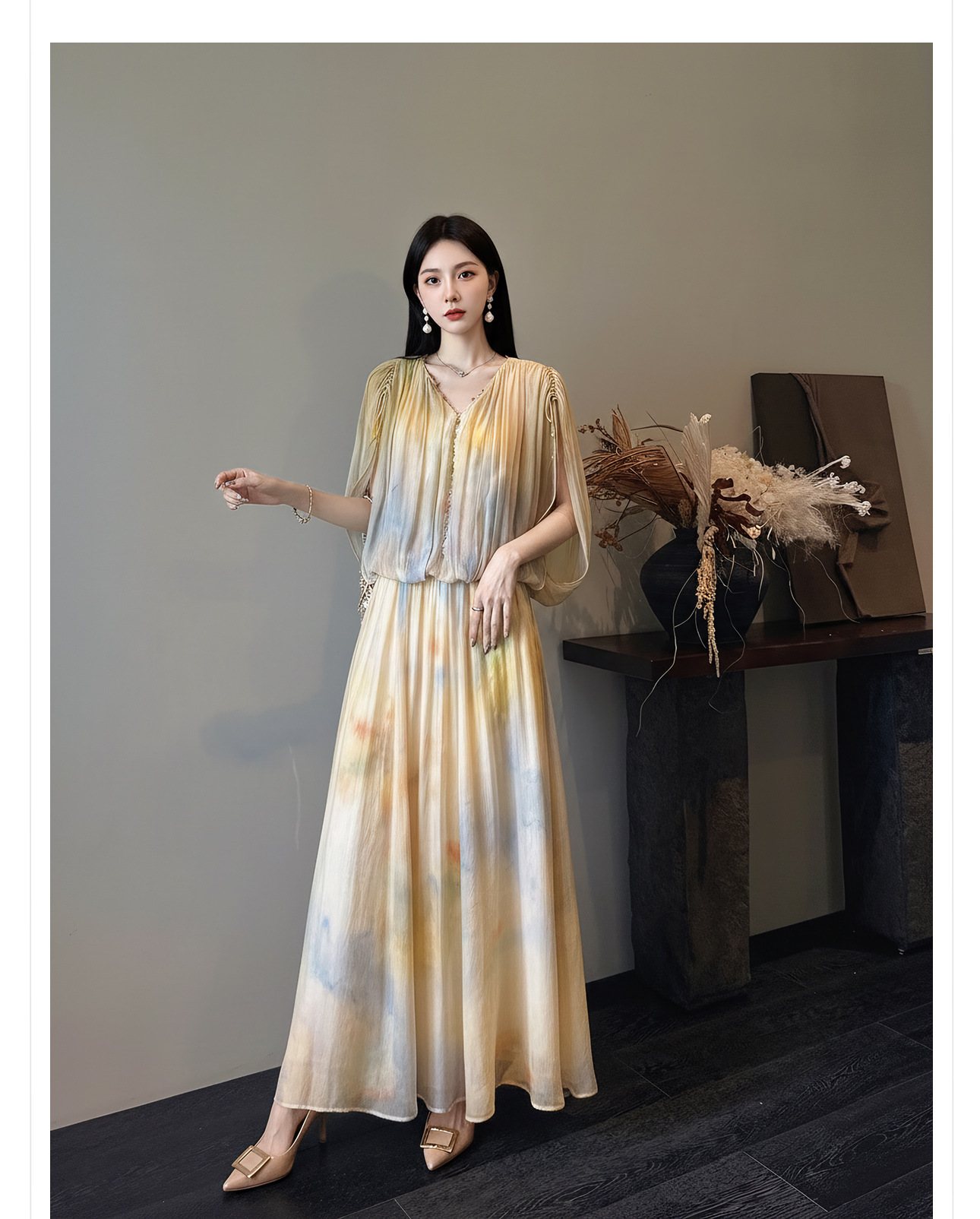 Đầm maxi nữ thắt eo họa tiết chìm gradient cao cấp — Gạo màu chi tiết 4