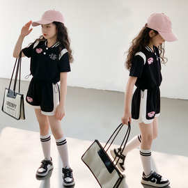 女童夏季套装新款2023韩版个性棒球衫中大童时髦拼色短裤两件套潮