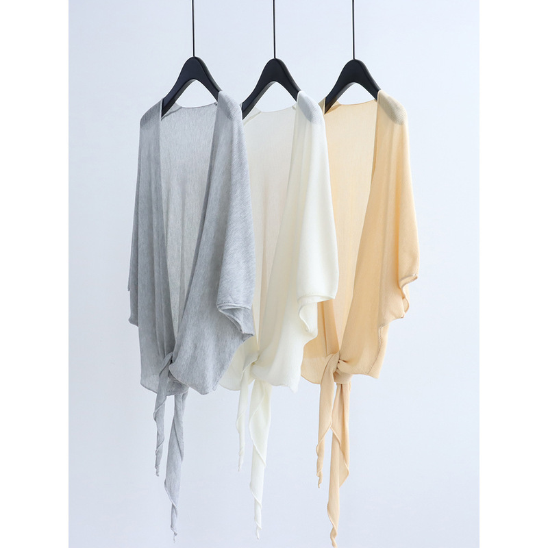 Tencel Lyocell Lace-Up Knitwear Short-Sleeved Cardigan Loose and Lazy Sun Protection Shawl Summer Bat-Sleeve Top for Women