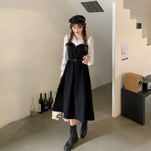 Spring clothes 2026 new style temperament slimming stitching fake two-piece POLO collar bubble sleeve shirt dress A-line skirt for women