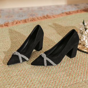 Chunky heel pointed suede cross buckle rhinestone suede high heels women's all-match commuter not tired heart Blue New
