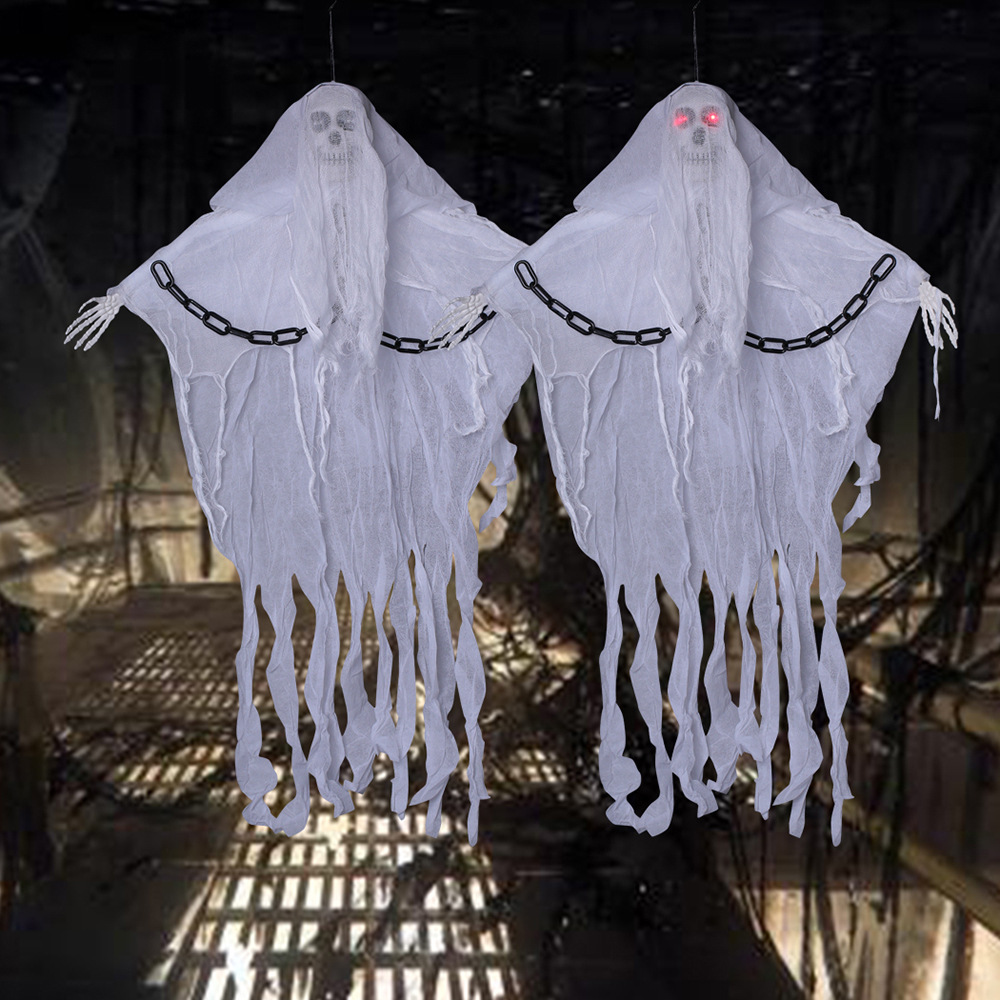 Decoración transfronteriza de Halloween, fantasma colgante, cadena de hierro, fantasma colgante, control de voz luminoso, esqueleto, fantasma colgante, decoración de terror, juguete complicado
