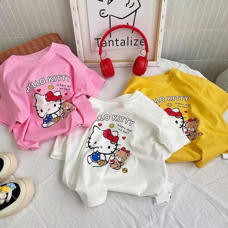 thumbnail image 1 of Camiseta de manga corta de algodón puro, nuevo estilo, top con estampado de dibujos animados para niños y niños de mediana edad, linda camisa con cuello redondo para niñas y bebés, 1 of 5