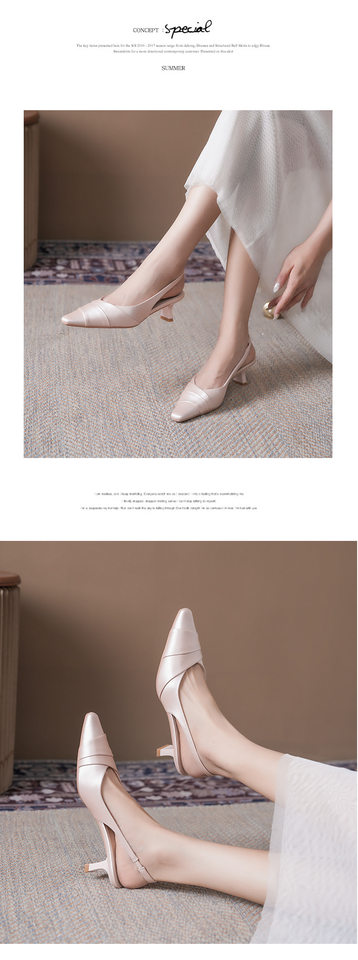 Sandal nữ bít mũi hở gót vải satin mũi vuông gót thấp thanh lịch — Màu bạc, Màu hồng nhạt, Màu trắng ngà chi tiết 11