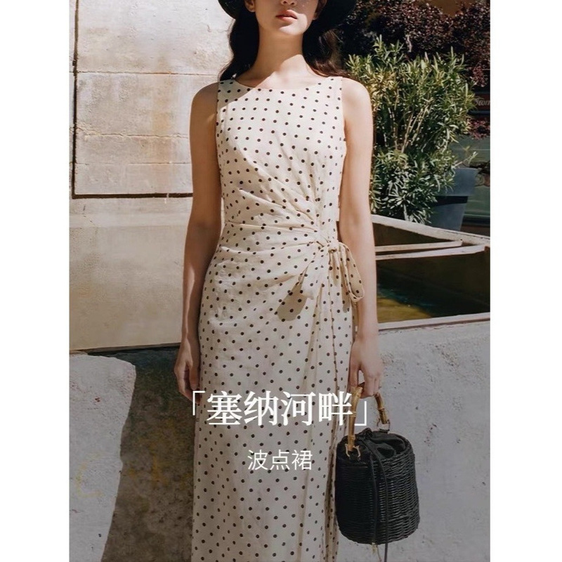 【Linen】French-Style Polka Dot Pleated Waist-Cinching Sleeveless Dress for Women, 2026 Summer Slimming Tank Dress