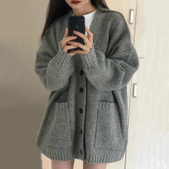 大码宽松中长款口袋毛衣外套慵懒风韩版v领针织开衫女秋冬新款