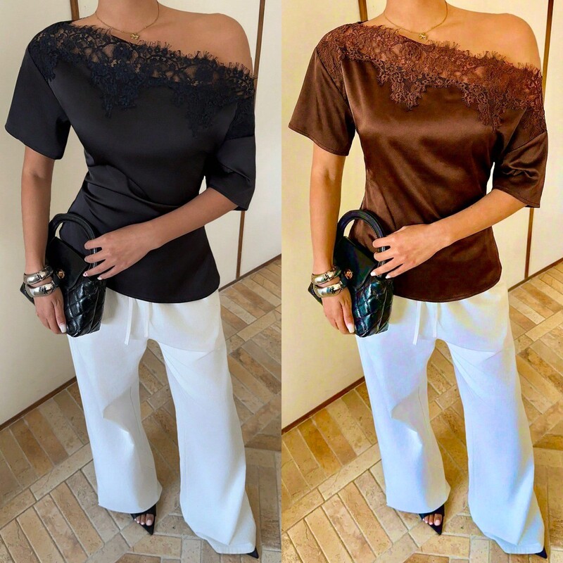 2026 Cross-Border European and American Women's Clothing Lace Patchwork Satin Shirt with One-Shoulder Design, Slim Fit Short Sleeve Elegant Fashion Top