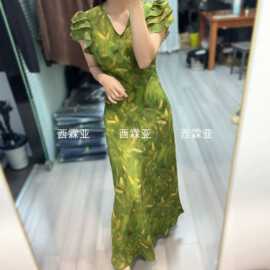 金辉夏真丝双绉印花领荷叶边斜裁连衣裙