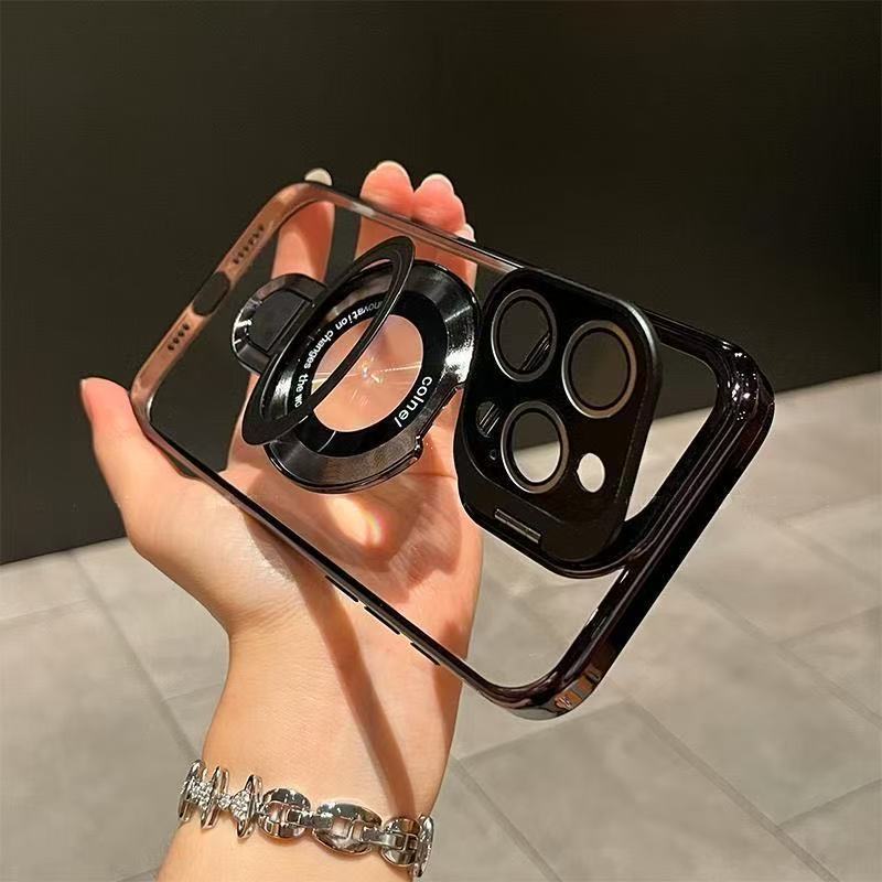 Ốp lưng iPhone trong suốt có giá đỡ kim loại từ tính, bảo vệ ống kính, chống sốc — đen, trắng, tím, cam