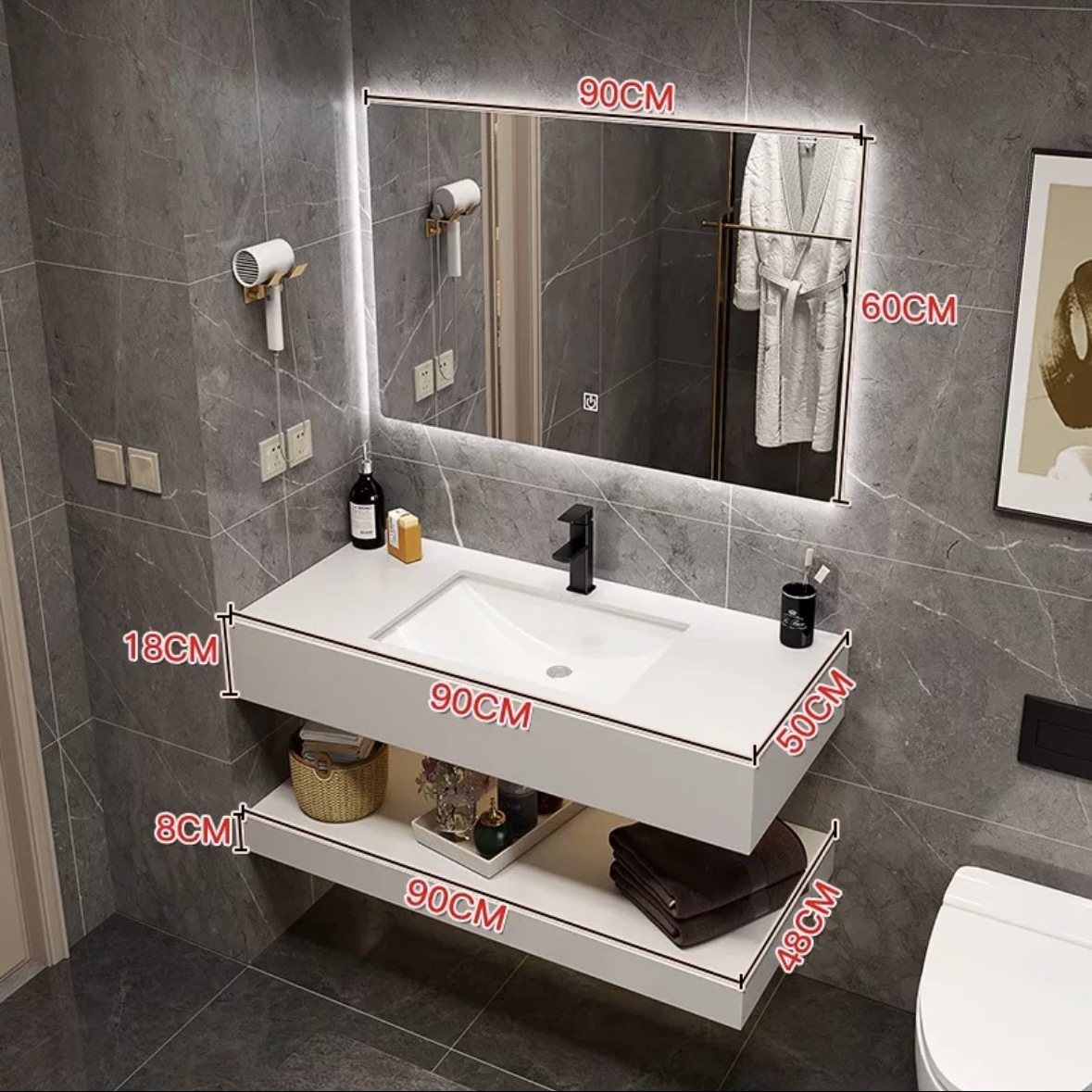 90cm con espejo cuadrado inteligente