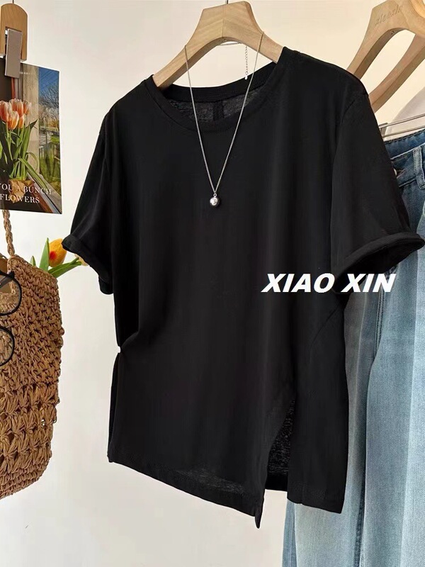 プラスサイズ 120kg クロスボーダー韓国夏スタイルスリットボタン無地半袖 Tシャツレディースデザイントップス|undefined