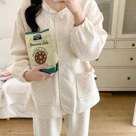 批发货源 睡衣女加厚夹丝棉家居服黑白波点韩版ins长袖圆领套装女
