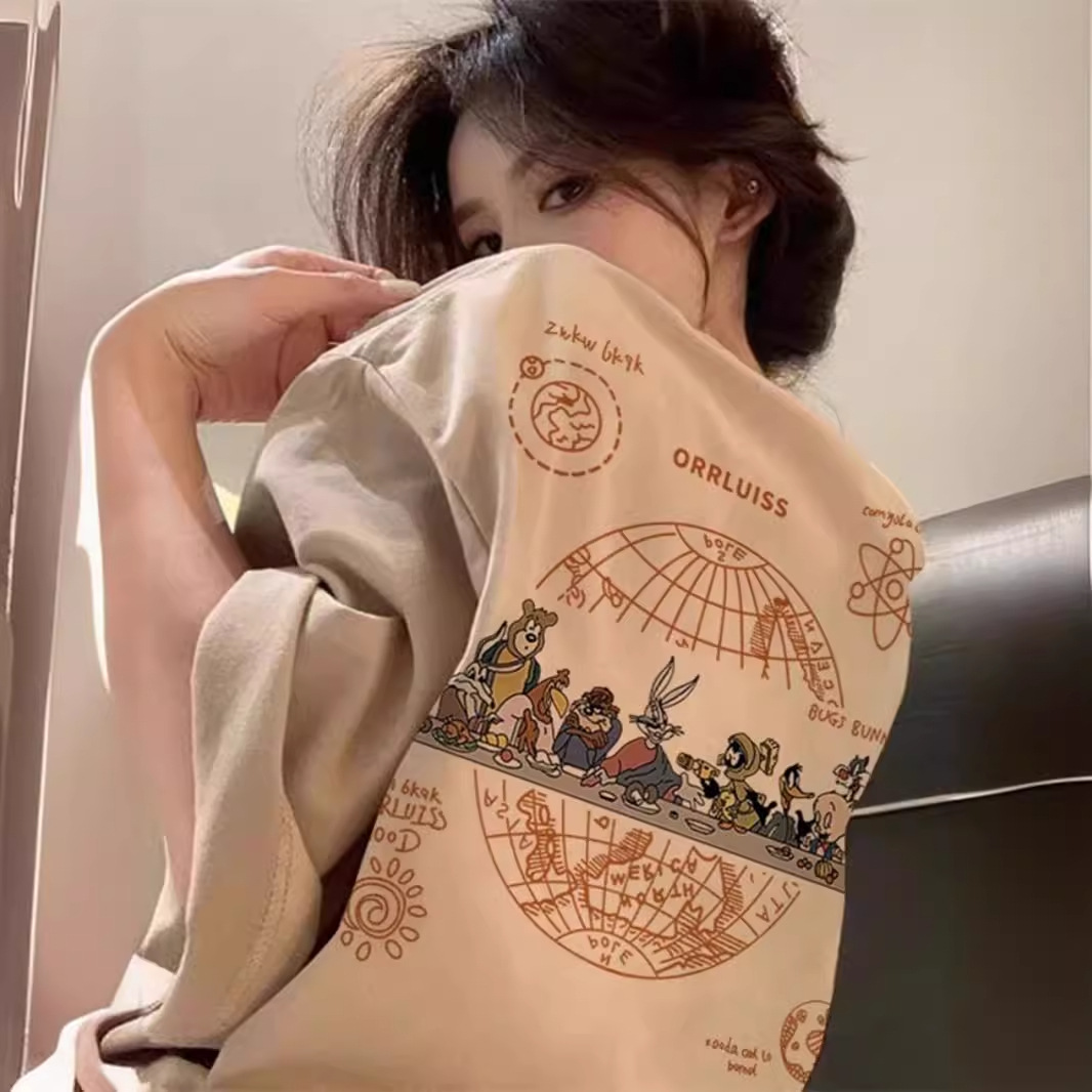 아메리칸 스타일 레트로 반팔 티셔츠 여성 여름 Ins 트렌디 한 퓨어 코튼 홍콩 스타일 세련된 플러스 사이즈 느슨한 디자인 틈새