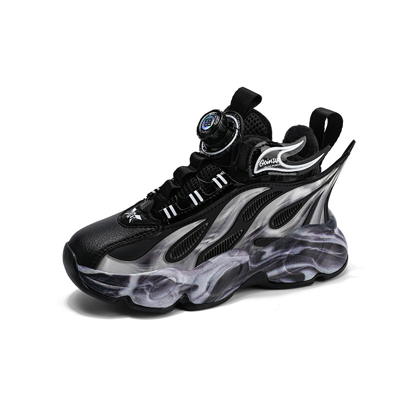 Fabricante directo de cuero para niños zapatos de correr botón giratorio jefe conmemorativo zapatos de baloncesto antideslizantes zapatos de suela gruesa