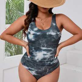 【欧美大码一体三角泳衣女】保守坑条特殊面料腹部褶皱显瘦小清新