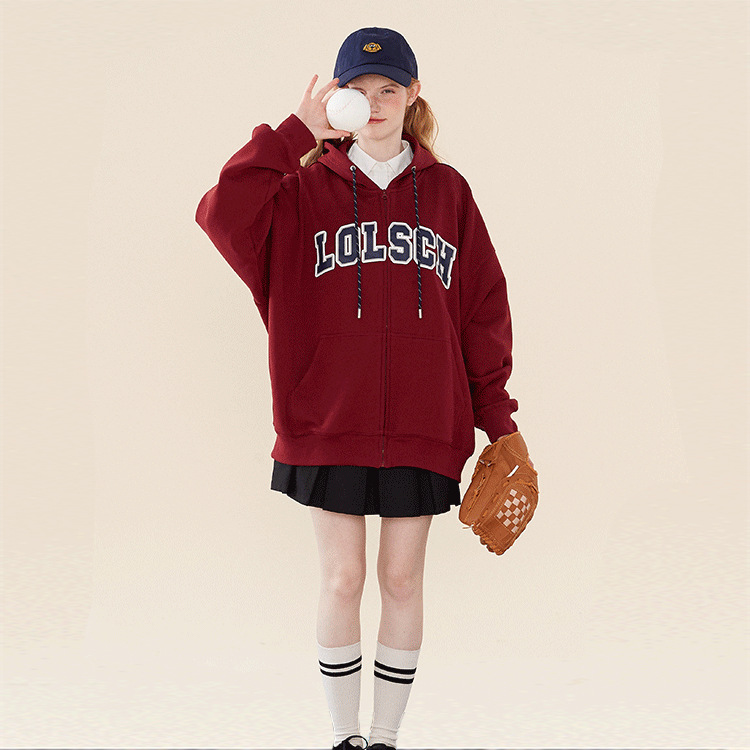 秋冬新款女式衛衣通勤複古連帽開衫印花中長款上衣潮人韓版外套