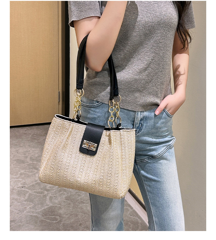 360g Weight Polyester Lining Material Lock clasp Closure Type Double Handle Strap Type Tote Bag Bags Type Daily Occasion Pu Leather, Straw Material Color Block Pattern All Seasons Season Women's Gender Streetwear Style Bucket Shape Medium Size Women's Medium Pu Leather Straw Color Block Streetwear Bucket Lock Clasp Tote Bag 7