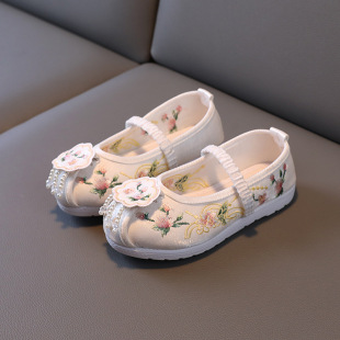 Ancient style hanfu shoes female children autumn old Beijing embroidered cloth shoes baby flat ancient costume performance shoes middle and big children