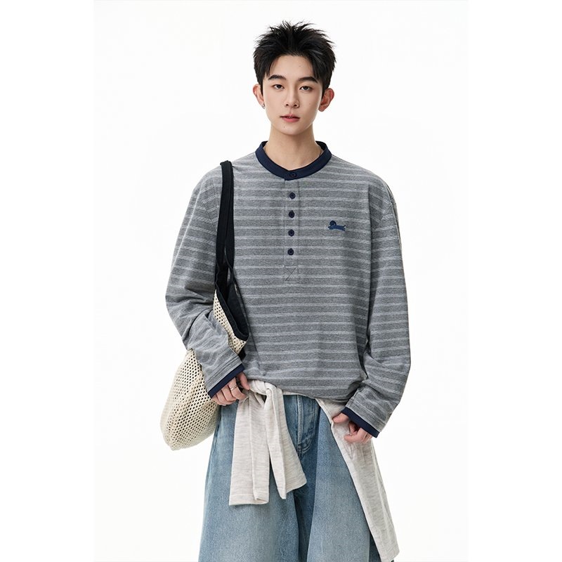 Trendy Hong Kong Style Striped Henry Undershirt for Teen Men, Spring/Autumn 2026 New Casual Versatile Top