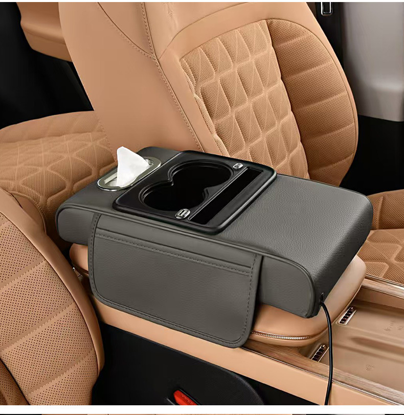 Car Charging Armrest Box, Universal Car Tissue Box, Extended and Thickened Four-In-One Armrest Box with Height-Increasing Pad