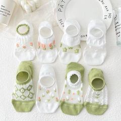 Women's Summer Net Mesh Ultra-Thin White Crystal Silk Strappy Ship Socks with Lace-Up Breathable Fashion Invisible Socks