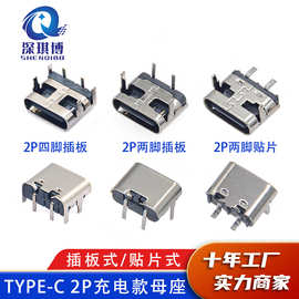 TYPE-C 2P充电款母座 卧式板上两脚插板/贴片母座 简易Type-C插座