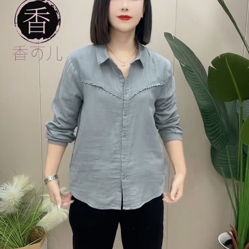 春季新款纯色棉纱长袖衬衫女文艺宽松显瘦百搭休闲纯棉上衣|undefined