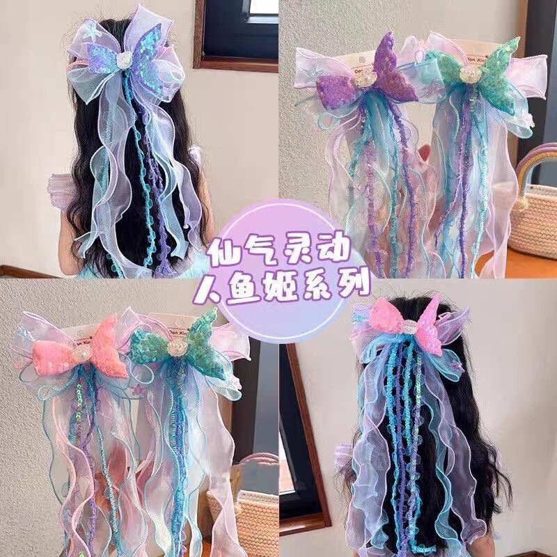 女の子のハイエンドかわいいマーメイドフィッシュテールリボンリボンヘアピンマーメイドスパンコールプリンセススノーガーゼバックプレスクリップ|undefined
