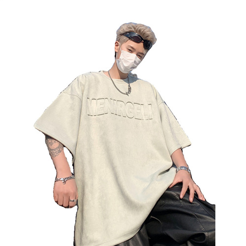 Pink Deer Skin Fleece Short-Sleeve T-Shirt for Men - Summer American Heavyweight Steel Print Retro Base Layer Loose Casual Half-Sleeve Tee