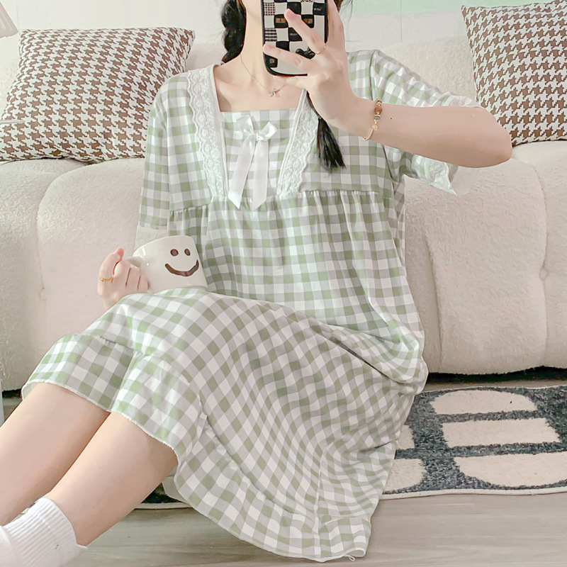 2023 verano Camisón de algodón artificial Plaid encaje ins princesa estilo dulce chica manga corta pijamas casual Home wear